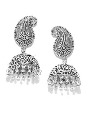 Infuzze Oxidised Silver-Toned Paisley Shaped Jhumkas 1