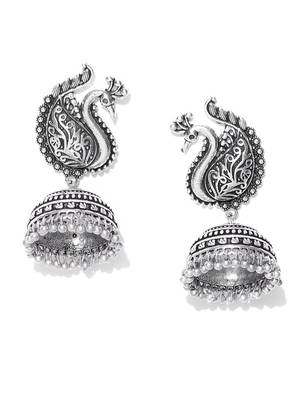 Infuzze Oxidised Silver-Toned Peacock Shaped Jhumkas 1