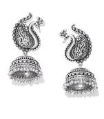 Infuzze Oxidised Silver-Toned Peacock Shaped Jhumkas