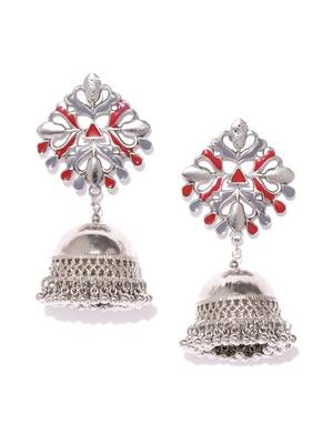 Infuzze Silver-Toned & Red Enamelled Dome Shaped Jhumkas 1