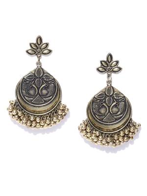 Infuzze Antique Gold-Toned Peacock Textured Drop Earrings 1