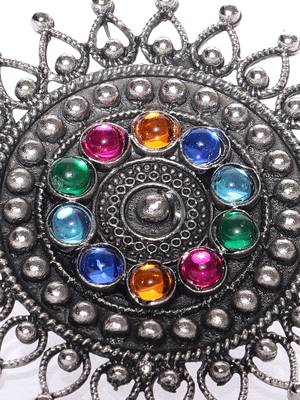 Infuzze Oxidised Silver-Toned & Blue Stone-Studded Adjustable Oversized Ring 1