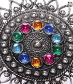 Infuzze Oxidised Silver-Toned & Blue Stone-Studded Adjustable Oversized Ring