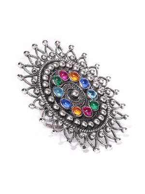 Infuzze Oxidised Silver-Toned & Blue Stone-Studded Adjustable Oversized Ring 3