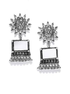 Infuzze Oxidised Silver-Toned Geometric Mirror Drop Earrings 2