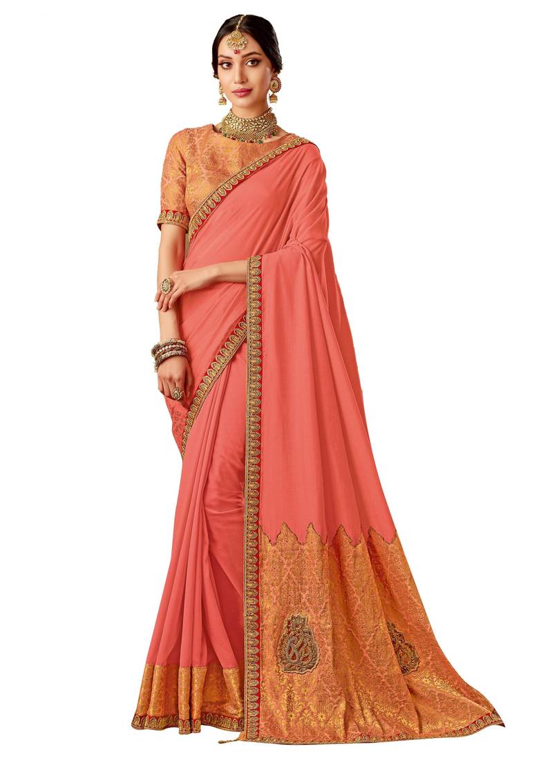 Peach Leheriya Embellished Silk Blend Saree With Unstitched Blouse Piece