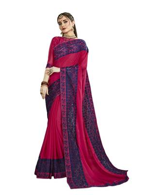 Dark pink embroidered silk blend saree with blouse 1