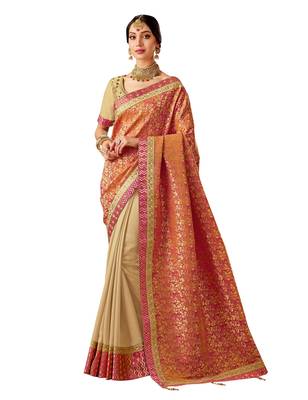 Orange embroidered jacquard saree with blouse 1
