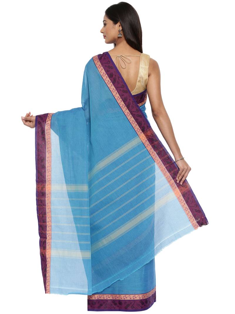 CLASSICATE from the house of The Chennai Silks Women's Blue Chettinad Cotton Saree With Blouse Piece