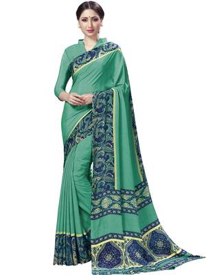 Turquoise Printed Crepe Sarees With Blouse 1