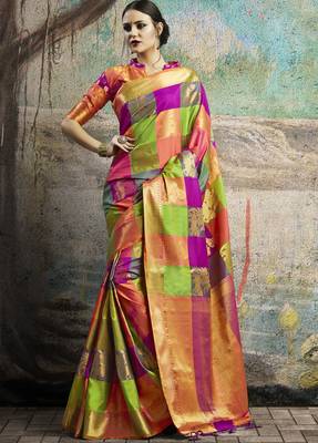 Multicolor woven banarasi silk blend saree with blouse 1