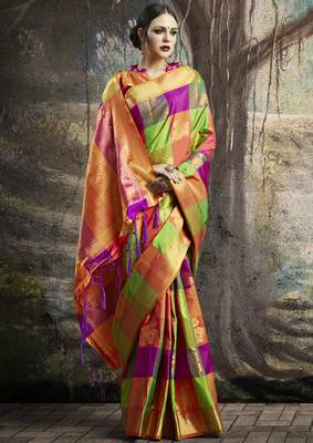 Multicolor woven banarasi silk blend saree with blouse 2