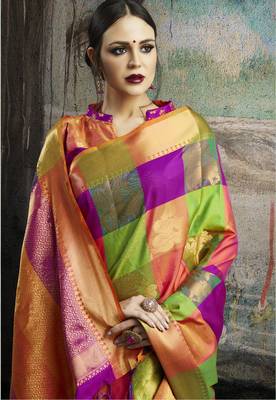 Multicolor woven banarasi silk blend saree with blouse 3