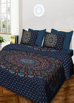 Rudra Sanganeri Printed Cotton Double Bedsheet with 2 Matching Pillow Cover. 1
