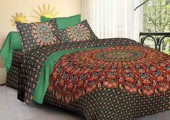 Sanganeri Printed Cotton Double Bedsheet with 2 Matching Pillow Cover. 1