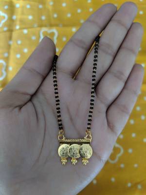 Mangalsutra Necklace Length Golden 3 Lakshmi Coin Vati Tanmaniya Pendant Black Beads Single Line Layer Long Chain 1