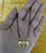 Mangalsutra Necklace Length Golden 3 Lakshmi Coin Vati Tanmaniya Pendant Black Beads Single Line Layer Long Chain