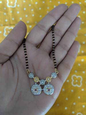American Diamond Mangalsutra Length  Round Vati Golden Pendant Red Stone Black Bead Single Chain Necklace 1