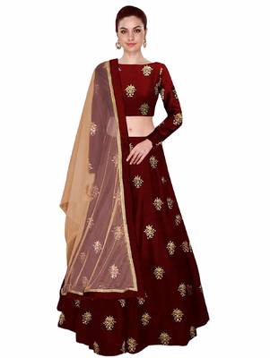 Maroon embroidered silk semi stitched lehenga 1