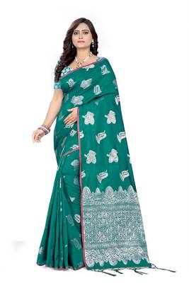Green Printed Cotton Saree With Blouse 1