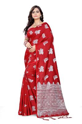 Red Printed Cotton Saree With Blouse 1