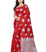 Red Printed Cotton Saree With Blouse