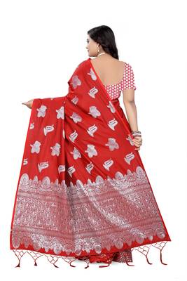 Red Printed Cotton Saree With Blouse 2