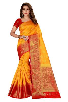 Yellow woven nylon saree with blouse 1