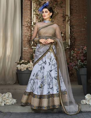 Light Grey Embroidered
 Organza Semi Stitched Lehenga With Dupatta 1