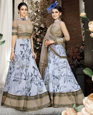 Light Grey Embroidered
 Organza Semi Stitched Lehenga With Dupatta 3