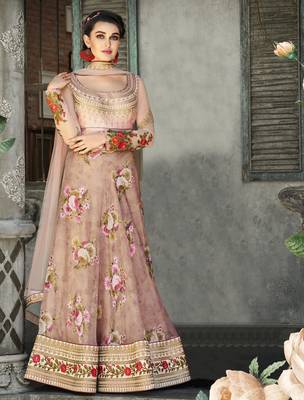 Peach Embroidered
 Organza Semi Stitched Lehenga With Dupatta 1