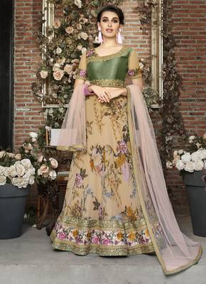Beige Embroidered
 Organza Semi Stitched Lehenga With Dupatta 1