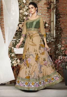 Beige Embroidered
 Organza Semi Stitched Lehenga With Dupatta 2