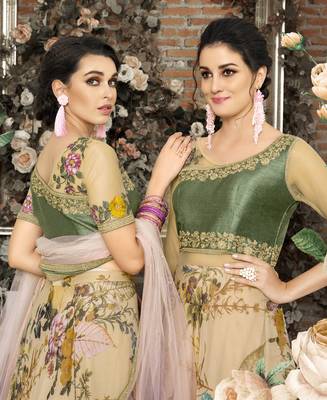 Beige Embroidered
 Organza Semi Stitched Lehenga With Dupatta 4