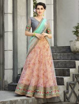 Peach Embroidered
 Organza Semi Stitched Lehenga With Dupatta 1