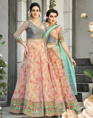 Peach Embroidered
 Organza Semi Stitched Lehenga With Dupatta 3