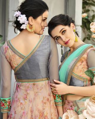 Peach Embroidered
 Organza Semi Stitched Lehenga With Dupatta 4