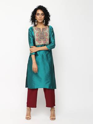 Green printed silk kurti 1