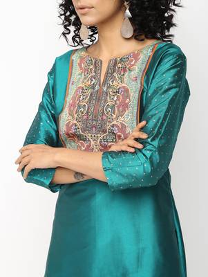 Green printed silk kurti 4