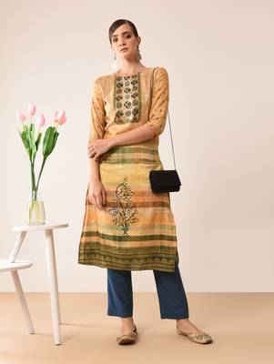 Yellow printed silk kurti 1