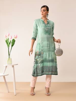 Green printed viscose rayon kurti 1