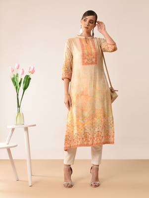 Beige printed viscose rayon kurti 1