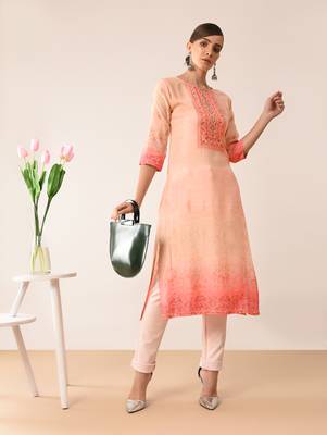 Peach printed viscose rayon kurti 1