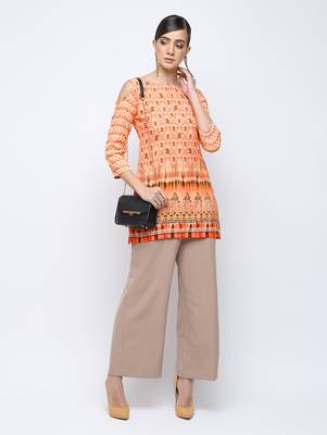 Peach printed rayon short kurti 1