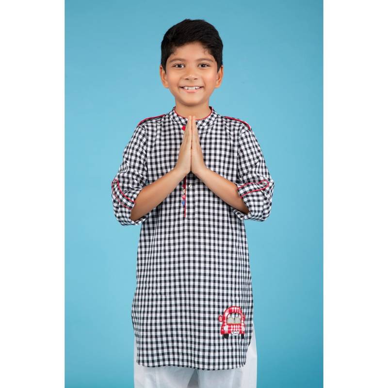 Black Gingham Checks Kurta Pyjama With Car Patch Kurta
