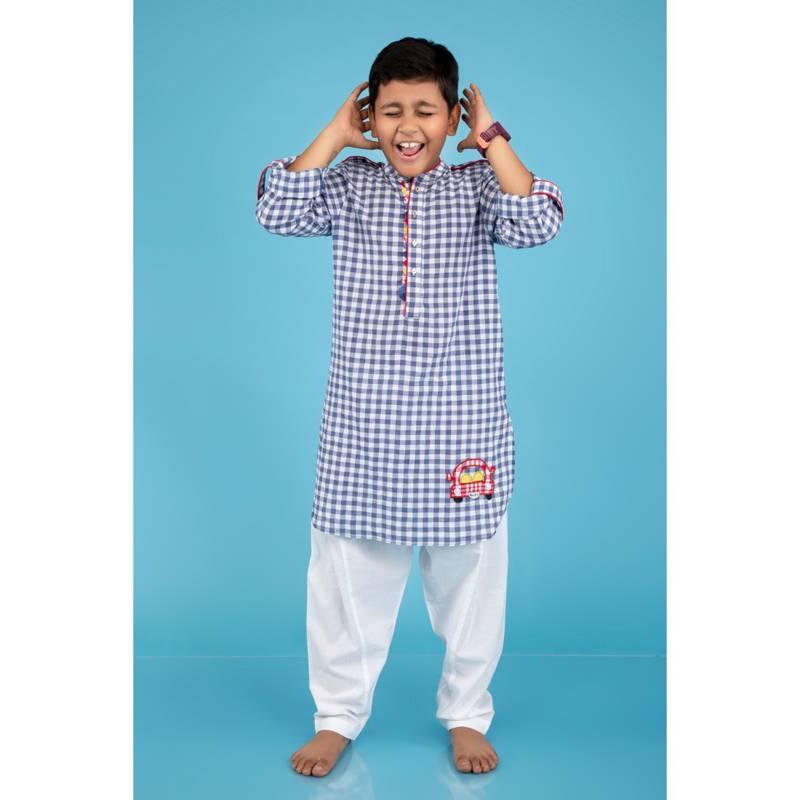 Blue Gingham Checks Kurta Pyjama With 