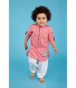 Red Gingham Checks Kurta Pyjama With Car Patch Kurta