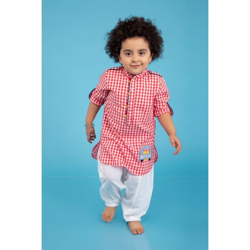 Red Gingham Checks Kurta Pyjama With Car Patch Kurta