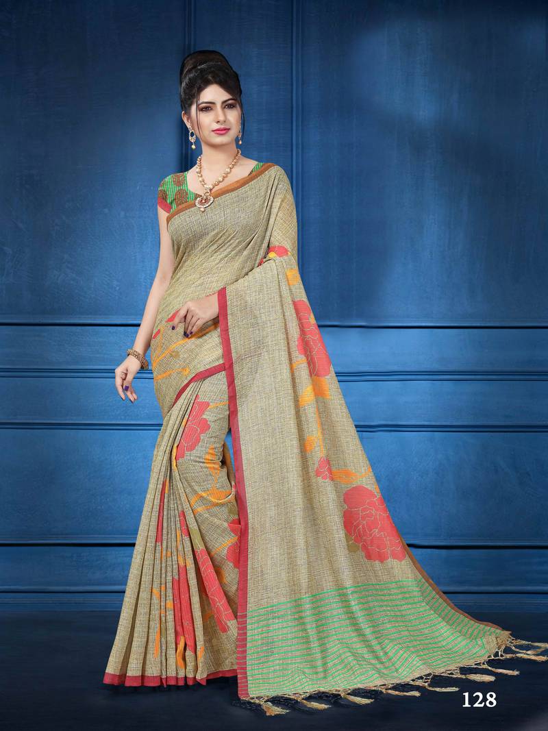 Cream woven tanjore silk saree with blouse