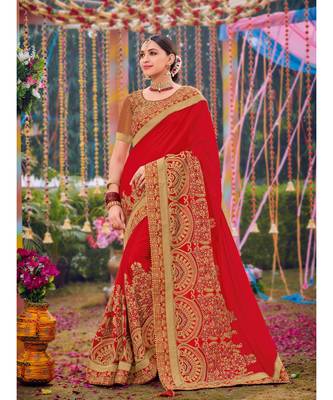 red embroidered georgette saree with blouse 1